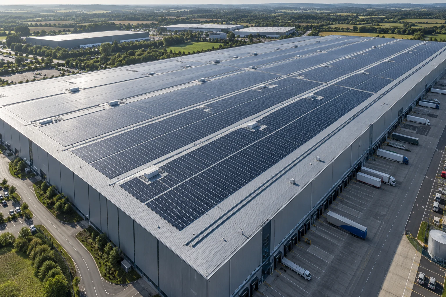 Architectural aerial illustration of solar panels across an industrial warehouse roof
